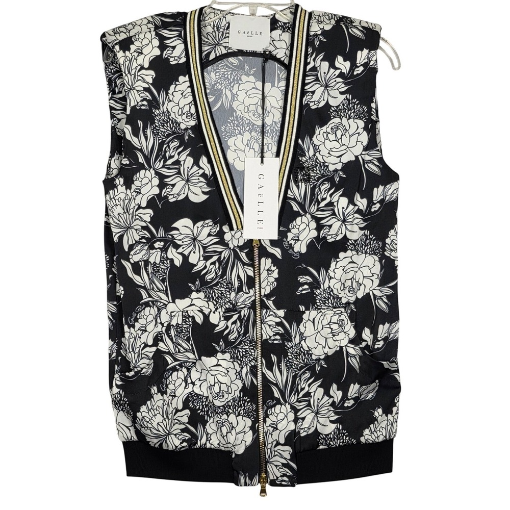 Gaelle Paris Vest Size IT 40 US Small Black White Floral Sleeveless Zip Up Italy